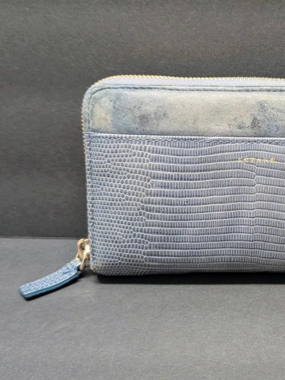 SEZANE Small Wallet Suede Leather Crocodile Zip Around Blue Gray Zipper EUC
